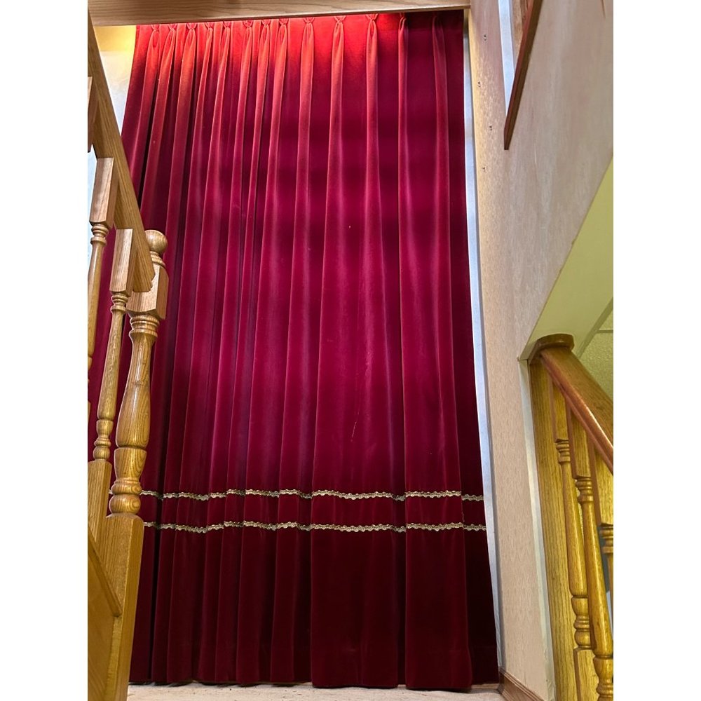 80s Red Silk Velvet Curtain Panel Gold Soutache Details Fully Lined Blackout